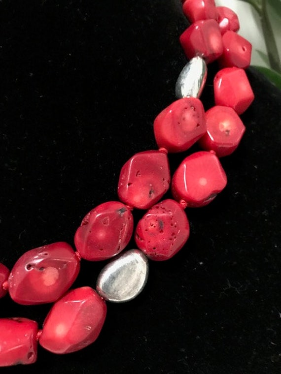 Vintage Red Coral & Silver Bead Necklace - image 3