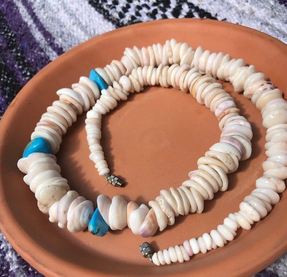 Native American Graduated Puka Shell Turquoise Ne… - image 1