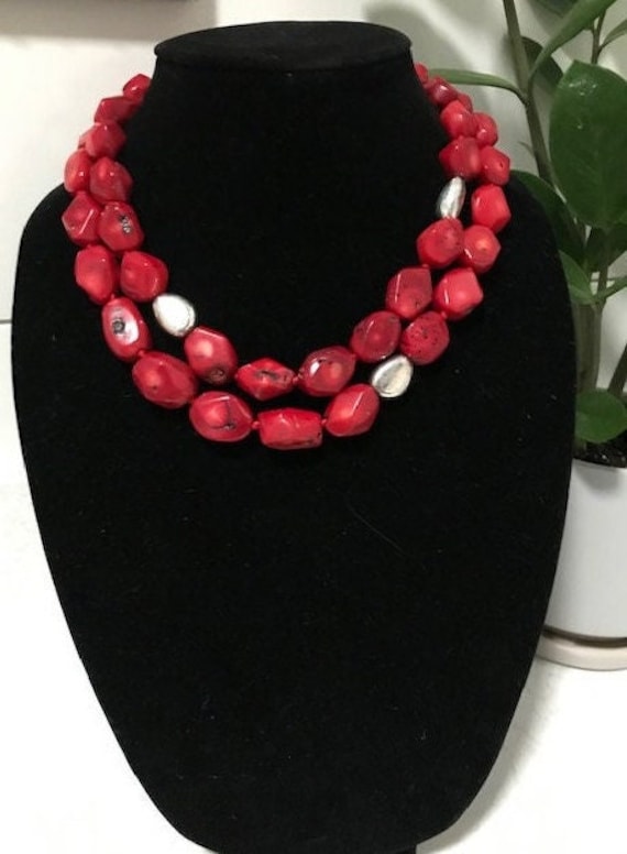 Vintage Red Coral & Silver Bead Necklace