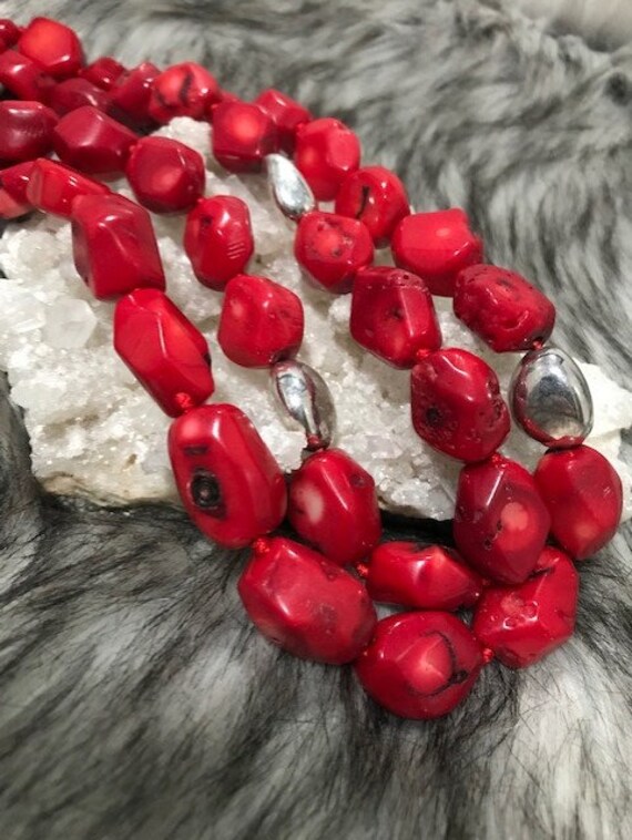 Vintage Red Coral & Silver Bead Necklace - image 4