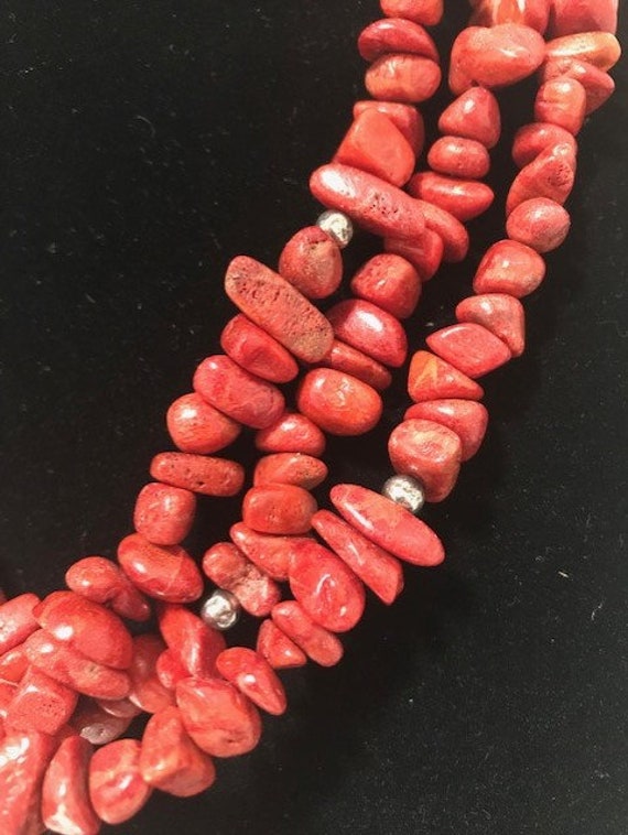 Vintage 3 Strand Rough Red Coral & Sterling Silve… - image 2