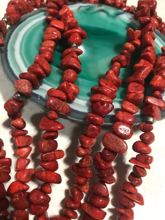 Vintage 3 Strand Rough Red Coral & Sterling Silve… - image 4