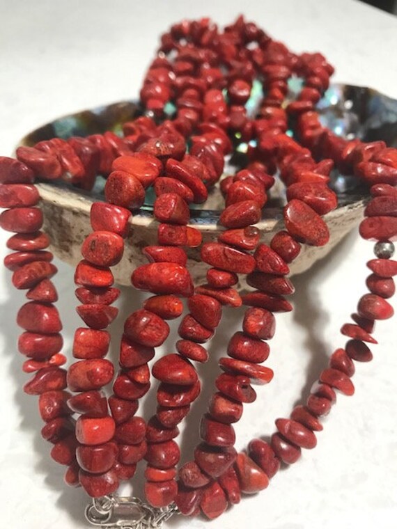 Vintage 3 Strand Rough Red Coral & Sterling Silve… - image 3