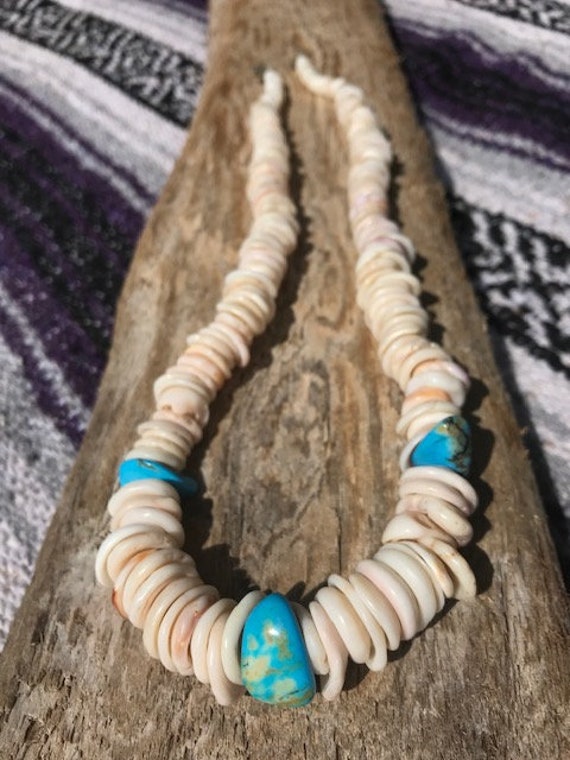 Native American Graduated Puka Shell Turquoise Ne… - image 3