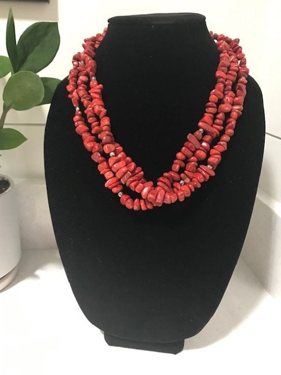 Vintage 3 Strand Rough Red Coral & Sterling Silve… - image 1