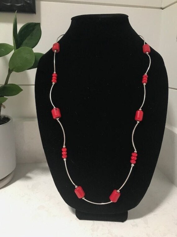 Vintage 30" Bamboo Red Coral Sterling Silver Neckl