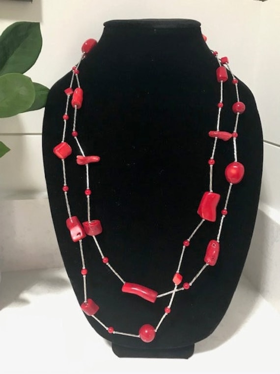 Vintage 64" Bamboo Red Coral Silver Necklace