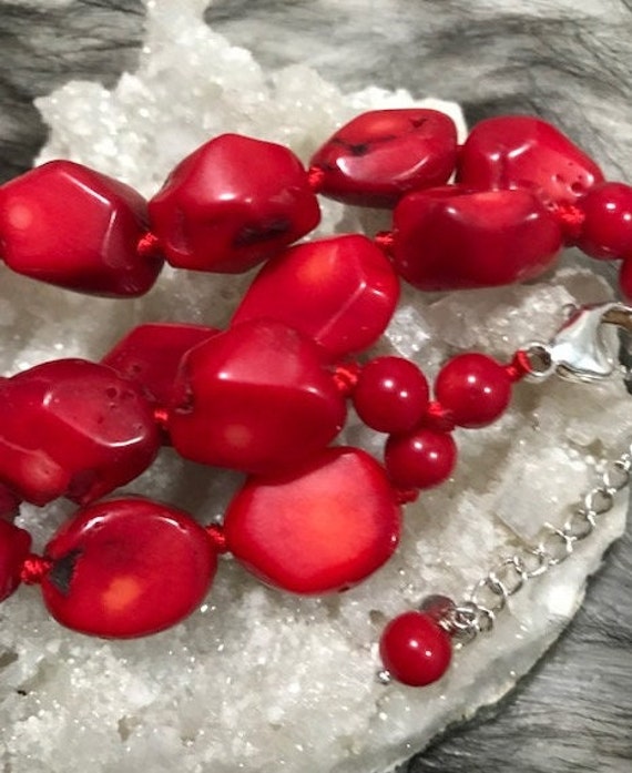 Vintage Red Coral & Silver Bead Necklace - image 7