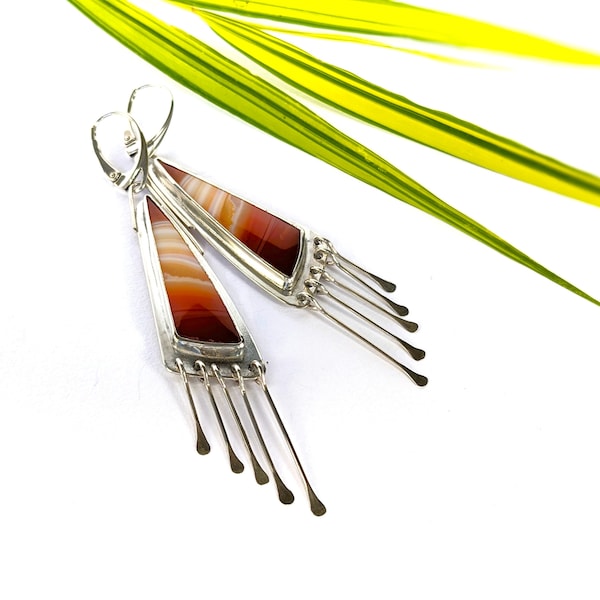 Open Backed Bright Banded Agate Sterling Silver Fringe Earrings | Translucent Ombre Striped Agate Stone Drop Earrings | Handmade Jewelry