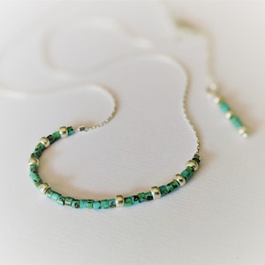 Collana con perline in argento sterling e prolunga, perline in vetro Miyuki color turchese e argento 925, delicata collana in argento; idee regalo per gioielli