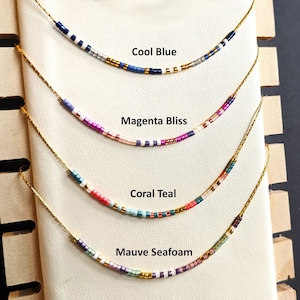 14K Gold Filled Necklace, Miyuki Glass Beads, Custom Bead Layout, Assorted Colour Themes, Dainty Gold Layering Summer Beaded Necklace