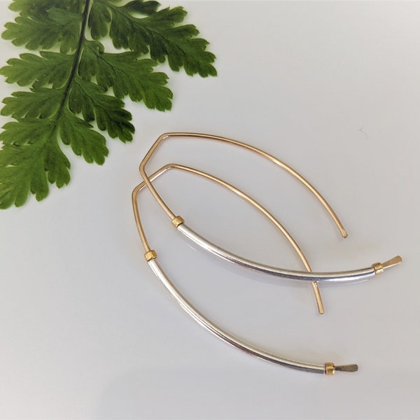 Sleek 14k Gold Filled and Sterling Silver Minimalist Earrings, Handmade Contemporary Silver and Gold Threaders, Shiny Mixed Metal Earrings