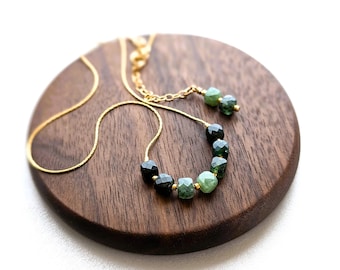 Natural Green Jade 14K Gold Filled Necklace w/ Extender; Handmade Small Faceted Green Gemstone Jewelry; Faceted Stone Beaded Gold Necklace