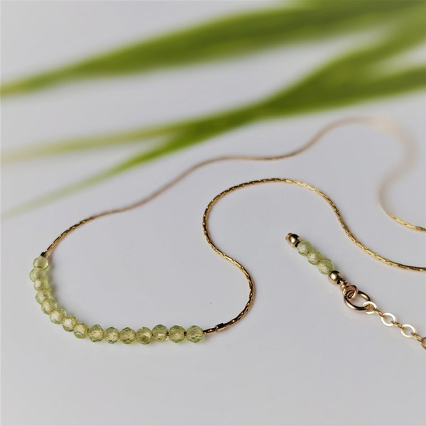 14K Gold Filled Peridot Necklace, Dainty Gold Beaded Necklace, Micro Faceted Peridot Collar Necklace, Gold Snake Chain; August Birthstone