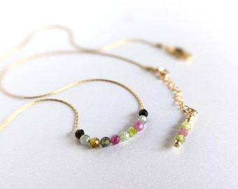 Faceted Tourmaline 14K Gold-Filled Necklace with Extender; Small Gold Beaded Necklace with Colourful Gemstone Beads; October Birthstone