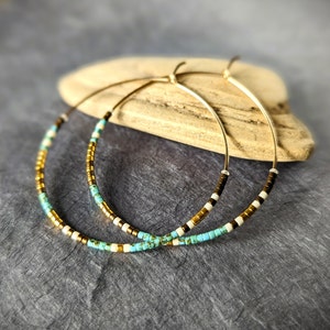 14K Gold Filled Miyuki Glass Bead Large Hoop Earrings, Assorted Color Themes; Sterling Silver or Gold Turquoise Hoops; Boho Seed Bead Hoops