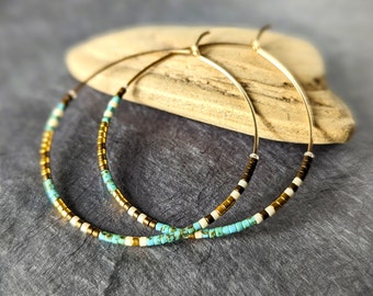 14K Gold Filled Miyuki Glass Bead Large Hoop Earrings, Assorted Color Themes; Sterling Silver or Gold Turquoise Hoops; Boho Seed Bead Hoops