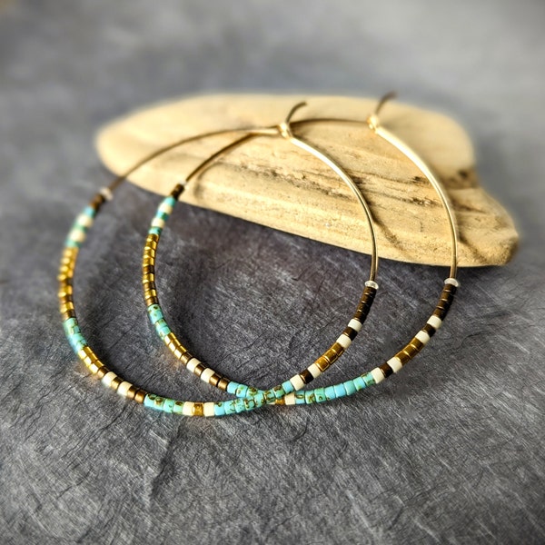 14K Gold Filled Miyuki Glass Bead Large Hoop Earrings, Assorted Color Themes; Sterling Silver or Gold Turquoise Hoops; Boho Seed Bead Hoops