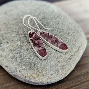 Rare Java Klawing Jasper Sterling Silver Earrings; Earthy Stone & 925 Silver Open Back Earrings; Artisan Made Oval Mauve Statement Earrings
