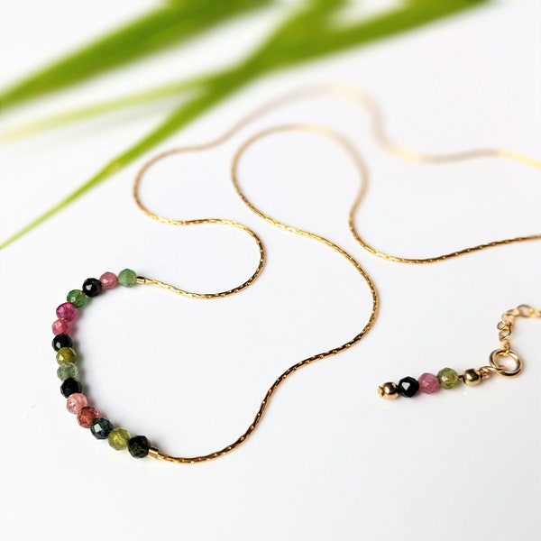 14K Gold Filled Tourmaline Necklace, Dainty Gold Beaded Necklace, Faceted Tourmaline Collar Necklace, Gold Snake Chain Choker; Jewelry Gift