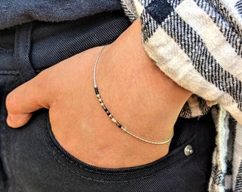 925 Sterling Silver Miyuki Glass Beaded Bracelet or Anklet; Minimalist Silver Dainty Layering Bracelet; Jewelry Gift for Her