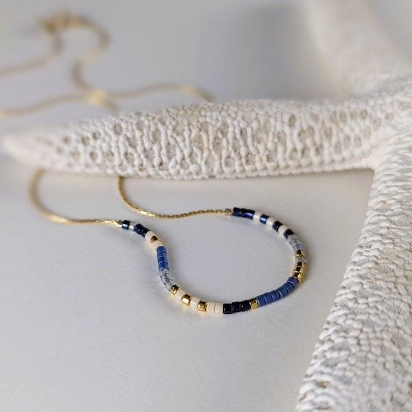 14K Gold Filled Necklace w/ Miyuki Glass Beads in Assorted Colors; Custom Bead Layout; Dainty Gold Beaded Layering Necklace Gift