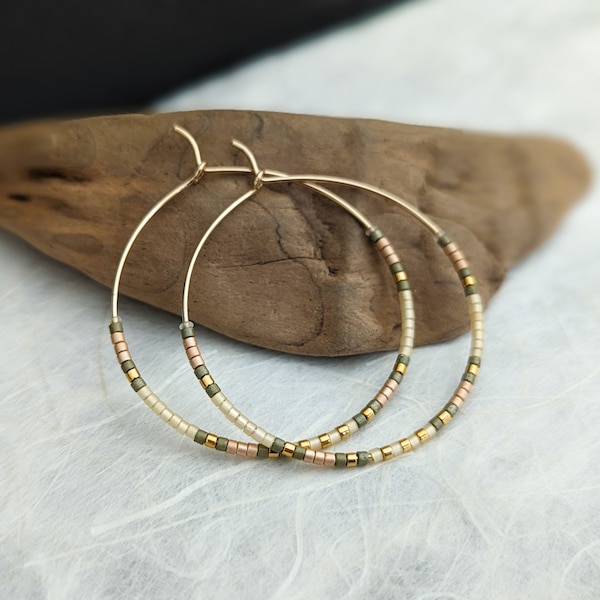 14K Gold Filled or Sterling MEDIUM Silver Miyuki Glass Beaded Hoops; Assorted Colors; Handmade Gold Hoop Earrings; Boho Seed Bead Jewelry