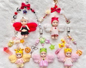 Schlüsselanhänger Engel | süße kawaii Sammlerpuppen | Taschenanhänger | Kleidung Kostüm Plüsch Fee Flügel | Dalmatiner Rose Giraffe Frosch Gepard