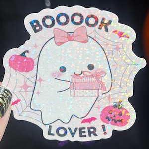 Pink Booook Lover Ghost Halloween Holographic Sticker Halloween Kindle Decal Spooky Fall Reader Gift Bookish Decal
