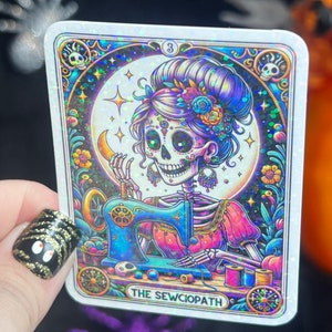 The Sewciopath skeleton holographic sticker thimble quilting sticker quilter Halloween decal sewing machine sticker cross stitch sticker