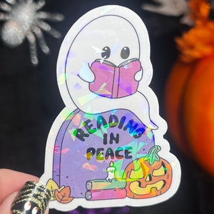 Reading in Peace Ghost Halloween Bookshelf Holographic Sticker Halloween Kindle Decal Spooky Fall Reader Gift Bookish Decal