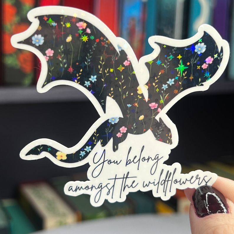 Op de afbeelding: Een zwart silhouet van een draak met regenboogkleurige vleugels, omringd door een bloemenpatroon. De tekst "You belong amongst the wildflowers" staat onder de draak.