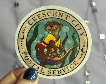 Crescent City River Otter Postal Service Holographic Sticker, HOSAB HOEAB Decal, SJM laptop waterproof sticker bookish Waterbottle decal