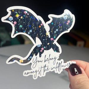 Op de afbeelding: Een zwart-wit silhouet van een draak met een bloemenpatroon op zijn vleugels. De tekst "You belong amongst the wildflowers" staat onder de draak.
