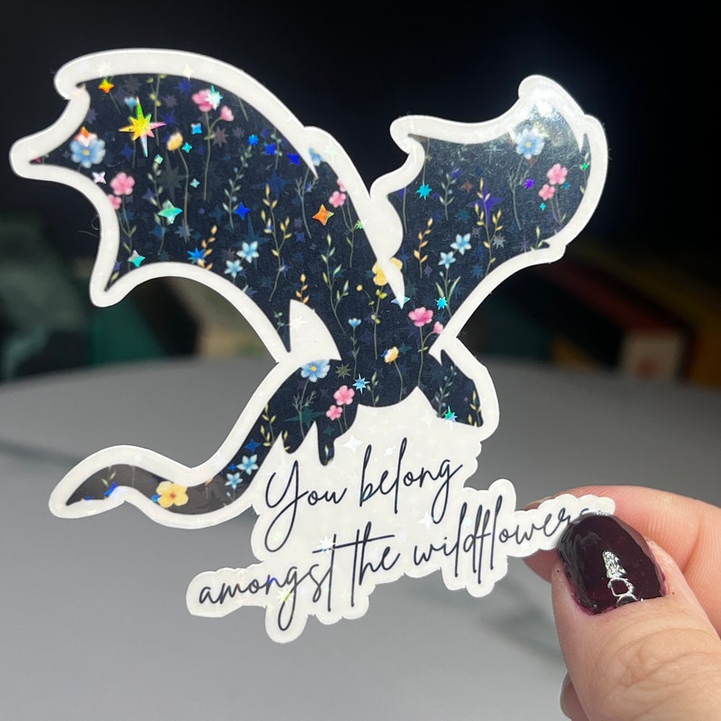 Op de afbeelding: Een zwart-wit silhouet van een draak met een bloemenpatroon op zijn vleugels. De tekst "You belong amongst the wildflowers" staat onder de draak.
