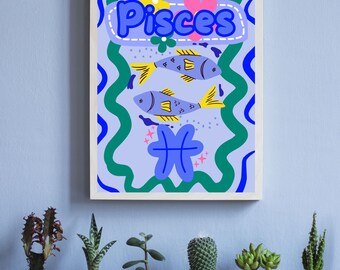 Stampa murale con segno zodiacale e astrologia dei Pesci / Regalo di compleanno per i Pesci, Costellazione dei Pesci, Regalo per neonati dei Pesci, Estetica dei Pesci, Decorazioni dei Pesci