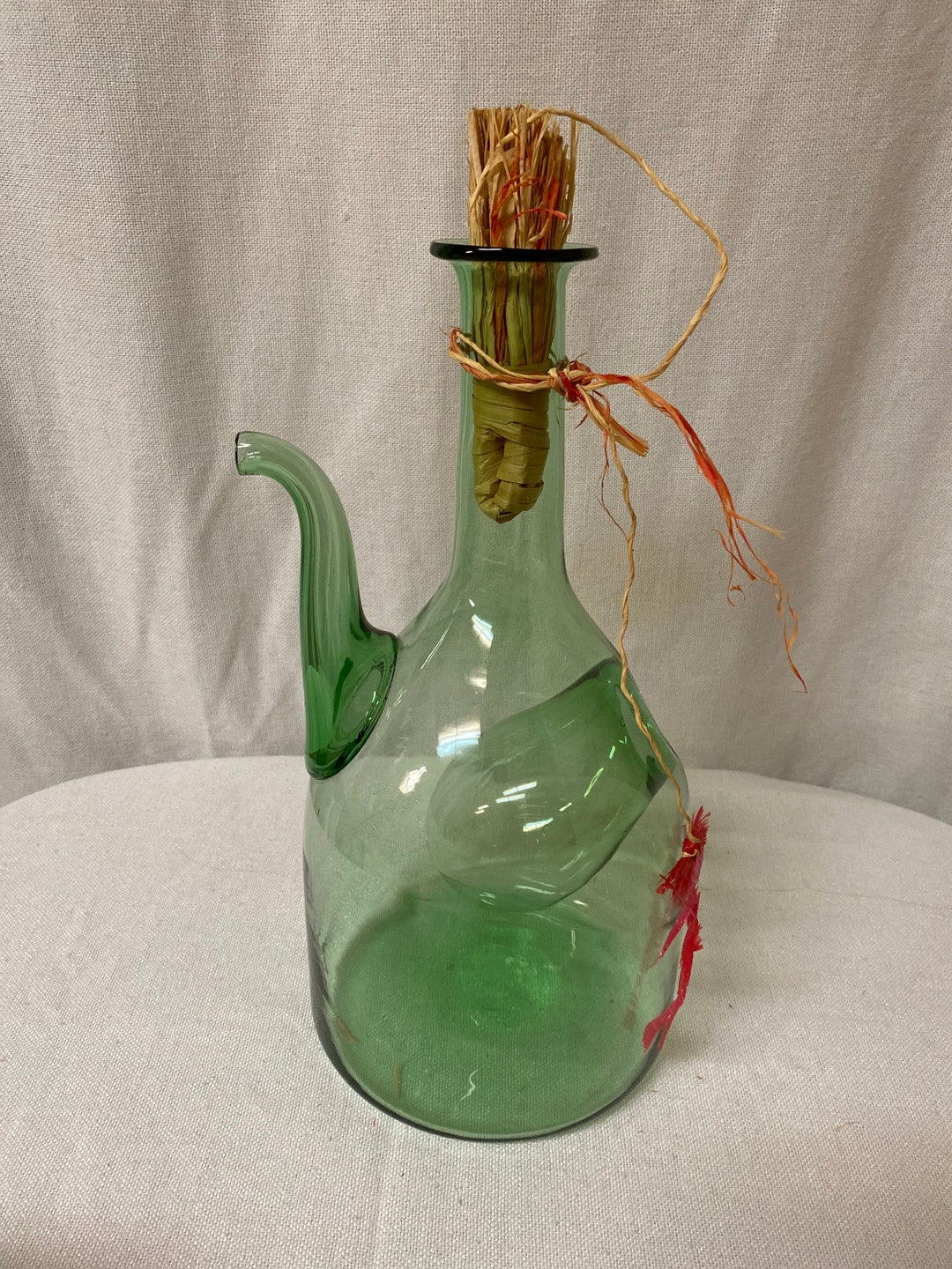 Vintage Large Green Blown Glass Pitcher With Ice Pocket Wine Decanter