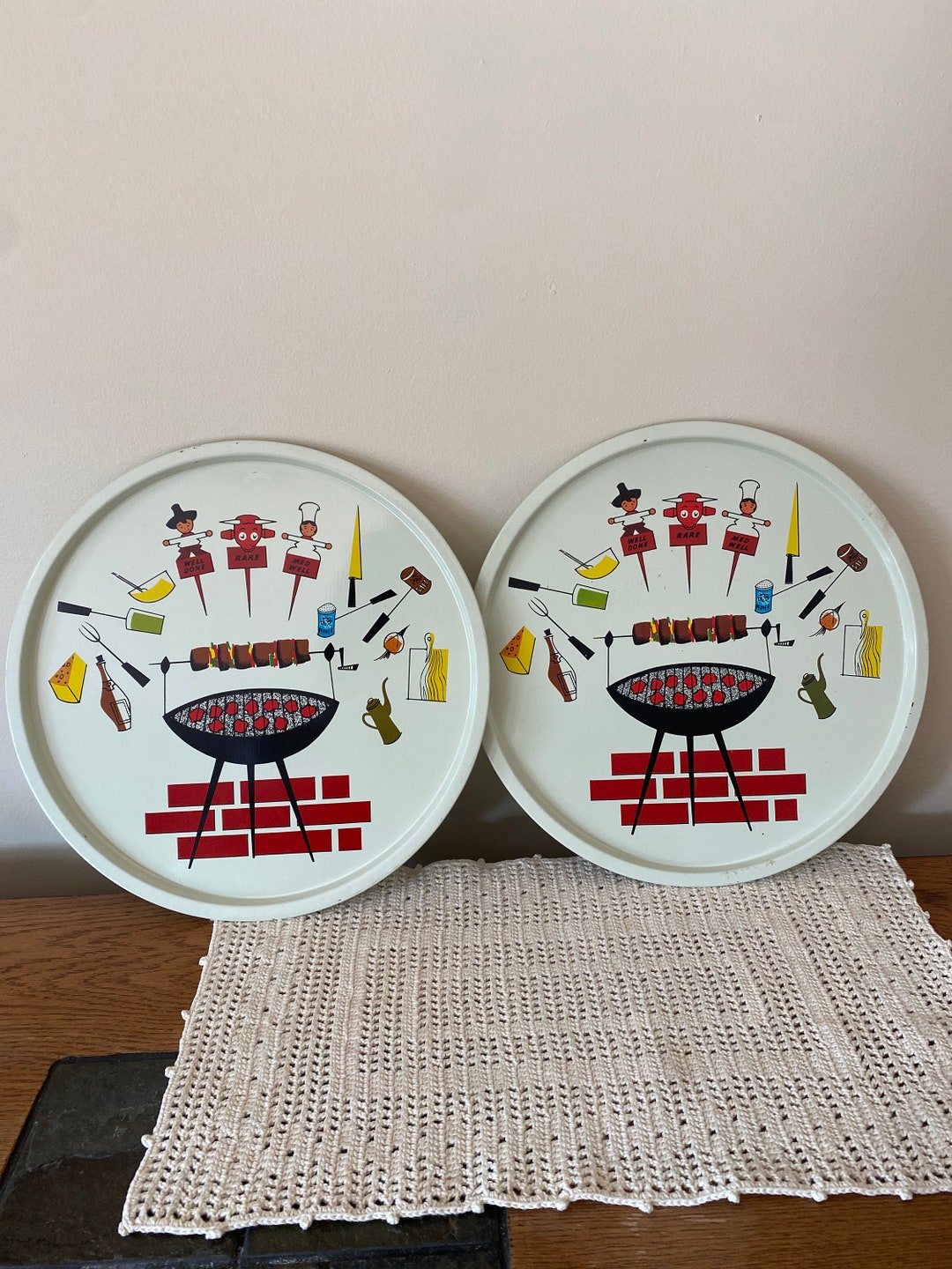 Vintage 50s Set of 4 Metal Enamel BBQ Theme Serving Plates Etsy
