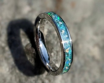 Memorial ashes ring. Unisex cremation ring. Men's/ women's ring with crushed bello opal. Pet ashes/hair ring.