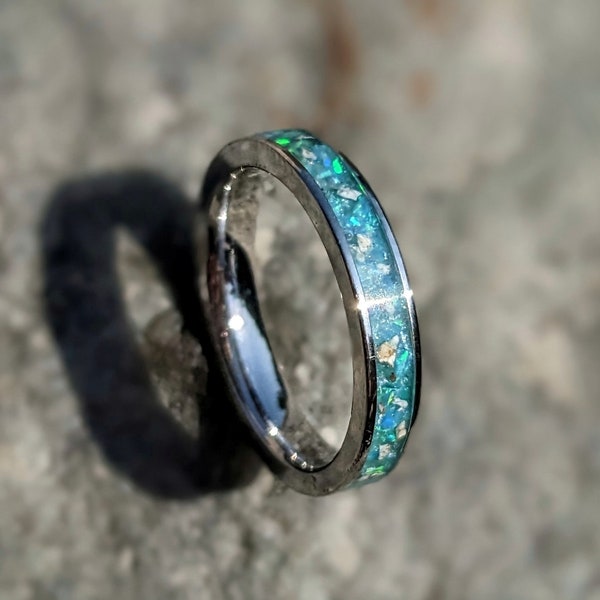 Memorial ashes ring. Unisex cremation ring. Men's/ women's ring with crushed bello opal. Pet ashes/hair ring.