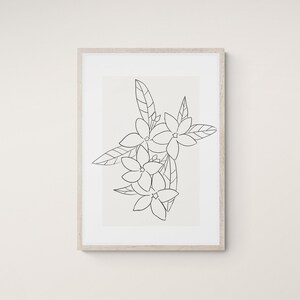 Op de afbeelding: Een zwart-witte lijntekening van een tros bloemen met bladeren in een eenvoudige, minimalistische stijl.