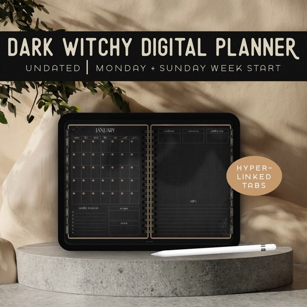 Witchy dark mode digital planner | Undated crafty witch minimal iPad tablet planner for Goodnotes Notability | Dark life planner landscape