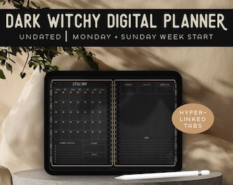 Witchy dark mode digital planner | Undated crafty witch minimal iPad tablet planner for Goodnotes Notability | Dark life planner landscape