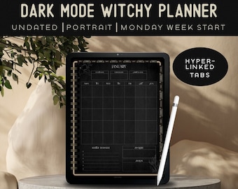 Witchy dark minimal digital planner | Undated crafty witch iPad tablet planner for Goodnotes Notability | Dark mode life portrait planner