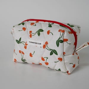 Handmade Cherry Quilted Makeup Bag, Heart Makeup Bag, Cosmetic Bag, Toiletry Bag Women, Travel Bag