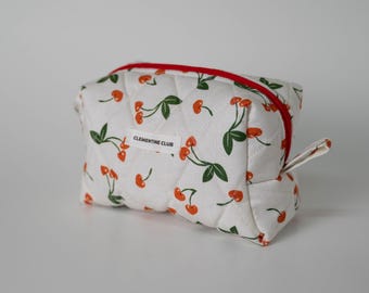 Handmade Cherry Quilted Makeup Bag, Heart Makeup Bag, Cosmetic Bag, Toiletry Bag Women, Travel Bag