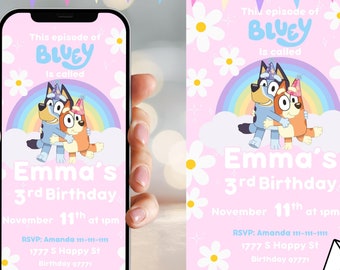 Invitación digital editable para fiesta de cumpleaños inspirada en Pink Bluey