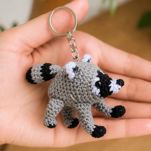 Crochet Raccoon Jimothy Keychain, Handmade Raccoon Plush Keychain, Cute Animal Bag Charm, Amigurumi Keyring, Woodland Gift, Car Mirror Charm