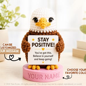 Op de afbeelding: Een gehaakt Amerikaanse zeearend-figuurtje met een witte kop, bruin lichaam en gele snavel, dat een wit vierkant bordje vasthoudt met de tekst STAY POSITIVE! You've got this. Believe in yourself and keep going! op een roze ronde voet.