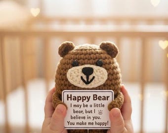 Funny Positive Bear, Knitted Bear With Positive Card, Cute Wool Inspirational Bear Crochet Animal Cheer Up Gifts For Family/Friend/Coworker